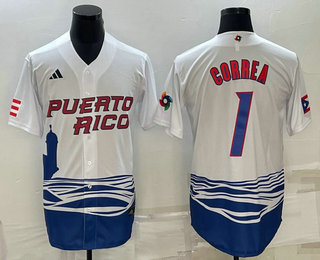 Men%27s Puerto Rico Baseball #1 Carlos Correa White 2023 World Baseball Classic Stitched Jerseys
